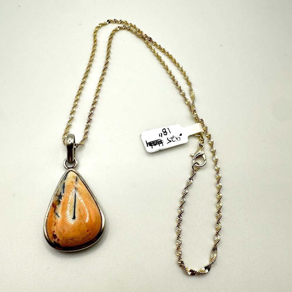 18" Beautiful porcelain jasper cabochon pendant and sterling silver necklace!